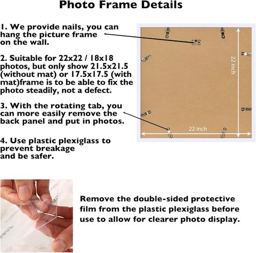JCJMY 22x22 Picture Frame - White Wall Hanging Frame with Shatter-Resistant Plexiglass & 18x18 Mat
