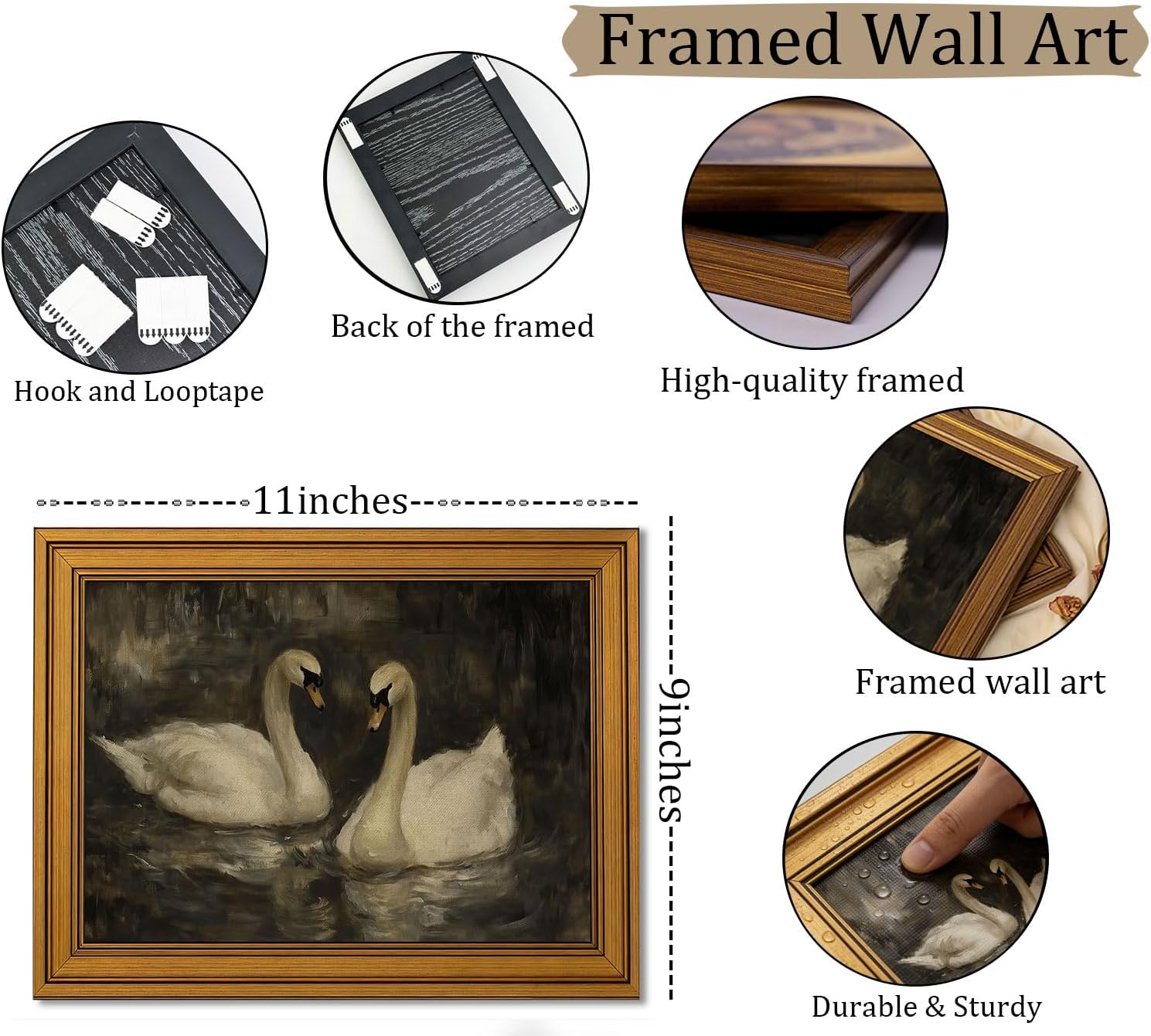 Skiennix Vintage Gold Framed Swan Canvas Wall Art - Moody Couple Painting | 9x11 Inch Decor