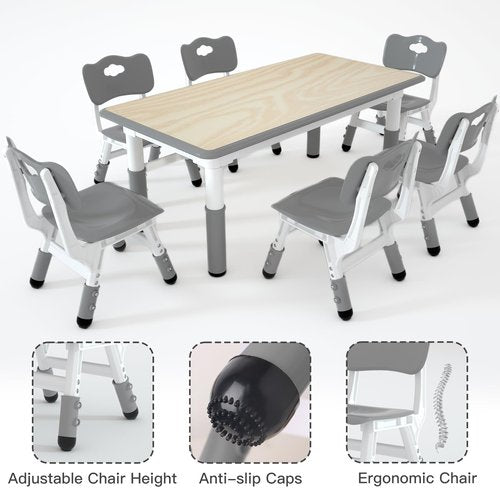 LulliSpace Kids Table and 6 Chairs Set，Height Adjustable Children Table & Chair，Toddlers Study Multi-Activity Table with 47.2"x23.6" Wipe-Clean Desktop，for Classrooms, Homes & Daycares
