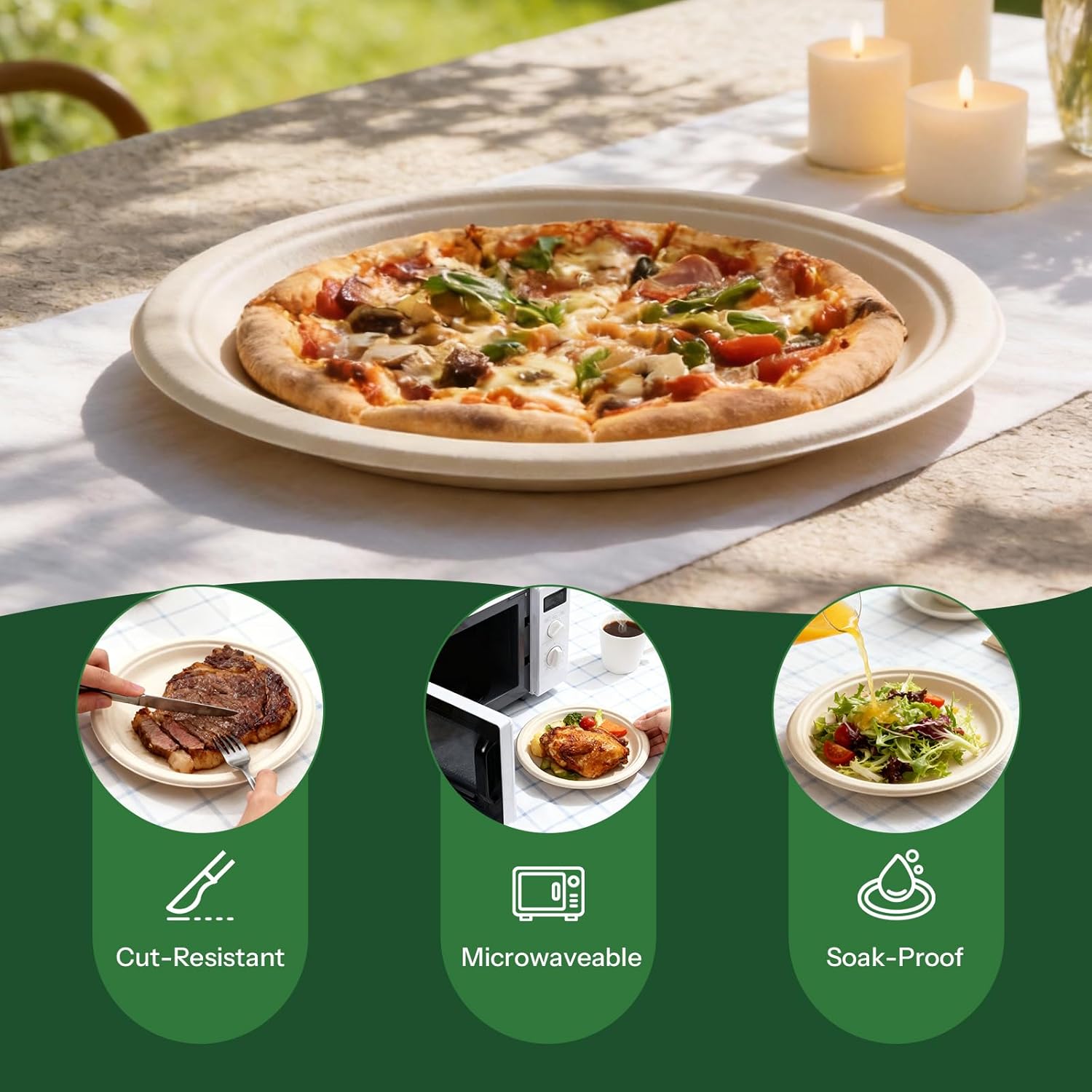 Regine Switzerland 10-Inch Compostable Paper Plates - Eco-Friendly Sugarcane Bagasse | 100 Pack, Microwave Safe