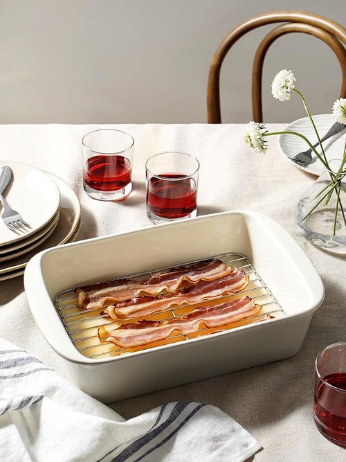 LE TAUCI Deep Casserole Dishes Set - 3-Piece Ceramic Baking Dish Set with Roasting Racks | Oatmeal Greige, Large Size