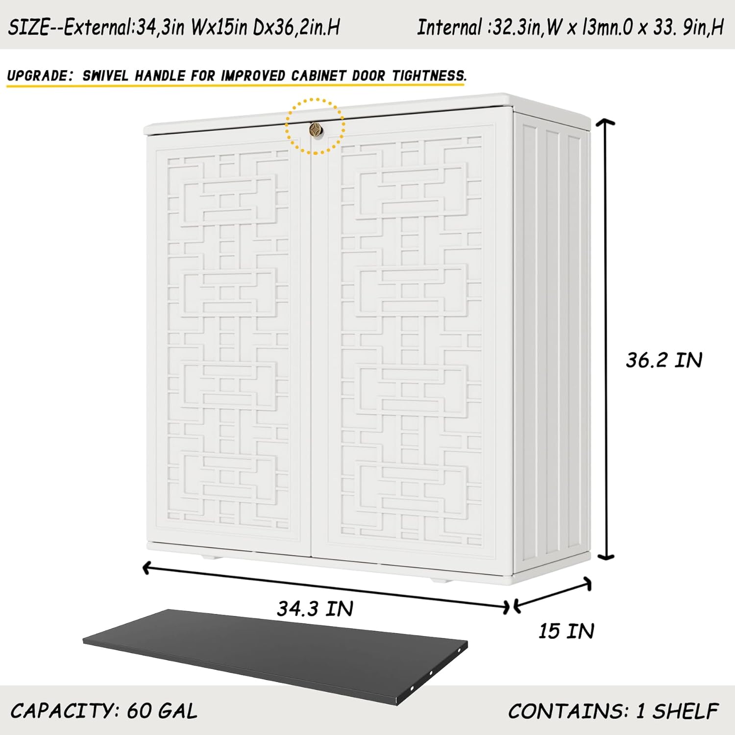 Mrosaa Waterproof Indoor Outdoor Storage Cabinet - Versatile Off-White Plastic for Patio & Garden | 34.3''L x 15''W x 36.2''H