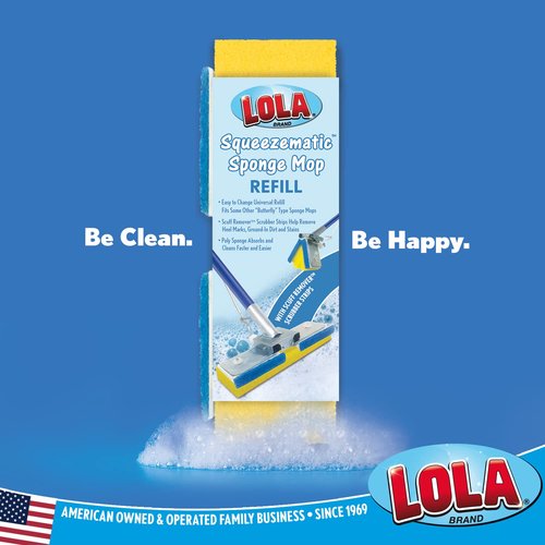 LOLA Squeeze Matic Butterfly Sponge Mop Refill, 9", 2 Pack Replacement Head, Floor Cleaning, Comparable w/Quickie Type S Sponge Mop Refill
