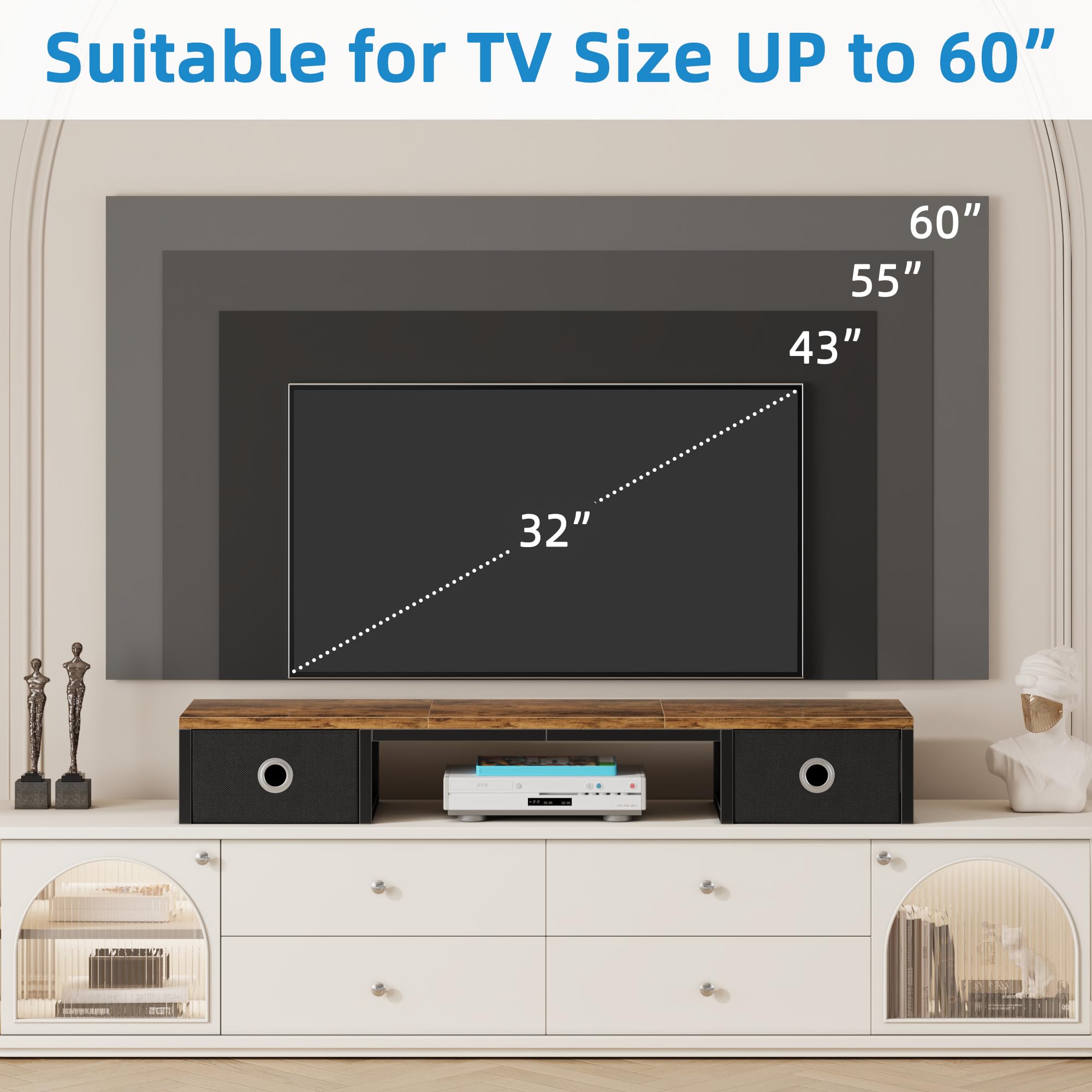 YAOHUOO 45" Large TV Riser with Fabric Drawers for 32-60 inch TV, TV Stand Riser with Steel Legs, Tabletop TV Riser Shelf, Monitor Stand Riser for Home Office, Rustic Brown