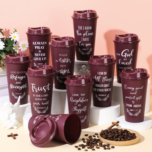 Skylety 40 Pack Easter Christian Gifts for Men Women 16oz Reusable Bible Verse Tumbler Bulk Plastic Coffee Cup with Lid Inspirational Religious Church Gift for Mother Father Birthday (Burgundy)