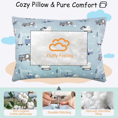 ZPECC Toddler Pillow with Pillowcase - 13x18 Organic Cotton Hypoallergenic Kids Pillow, Baby Essentials for Travel Crib Daycare Stroller (Intended for Age 2 and up) Truck