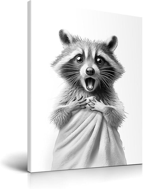 HesenDot Raccoon Wall Art - Funny Black and White Canvas Print for Bathroom | 12x16in Decor