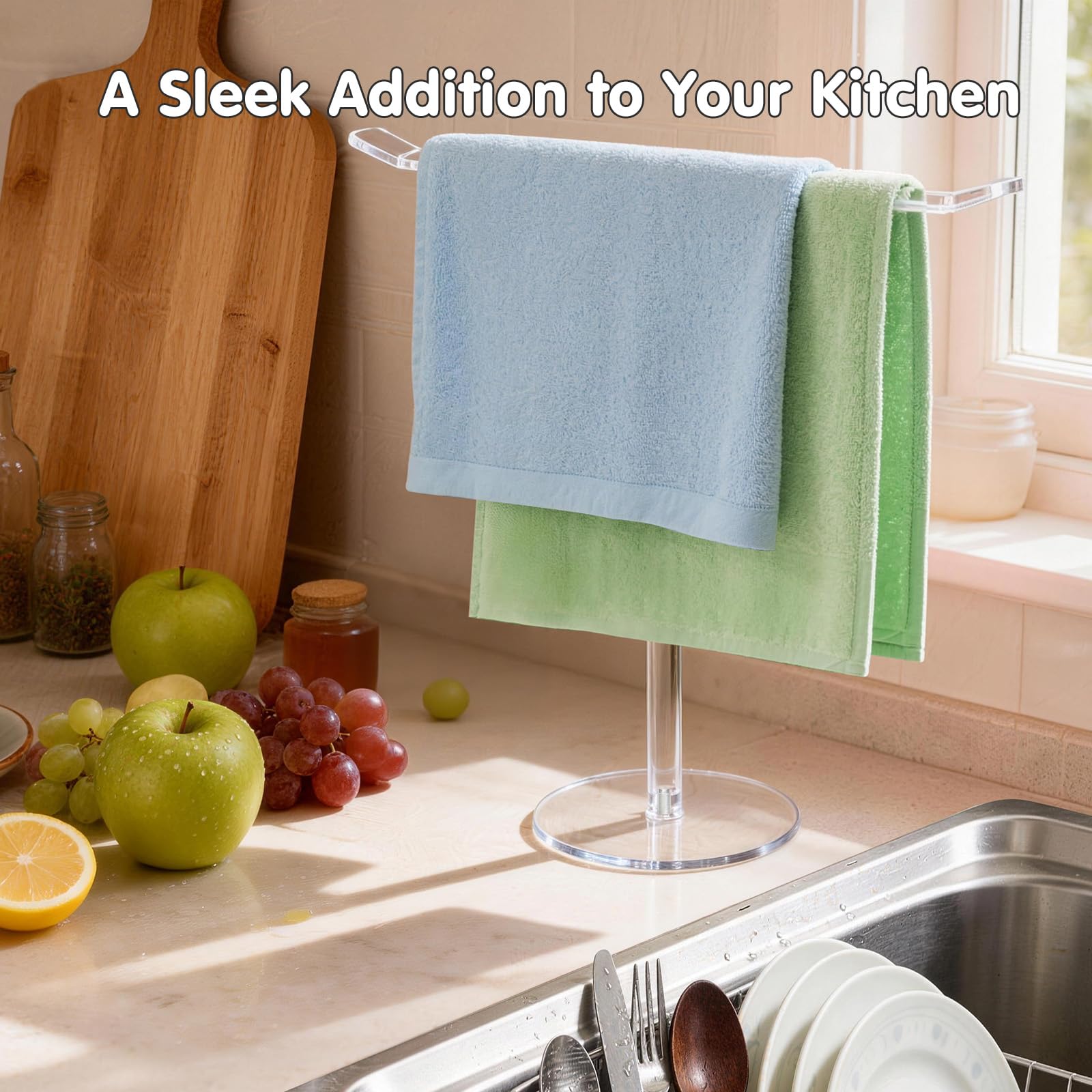 NutroLab Clear Acrylic Hand Towel Holder Stand, T-Shape Free-Standing Towel Rack for Bathroom & Kitchen, Modern Minimalist Design, Simple Assembly, Countertop Organizer