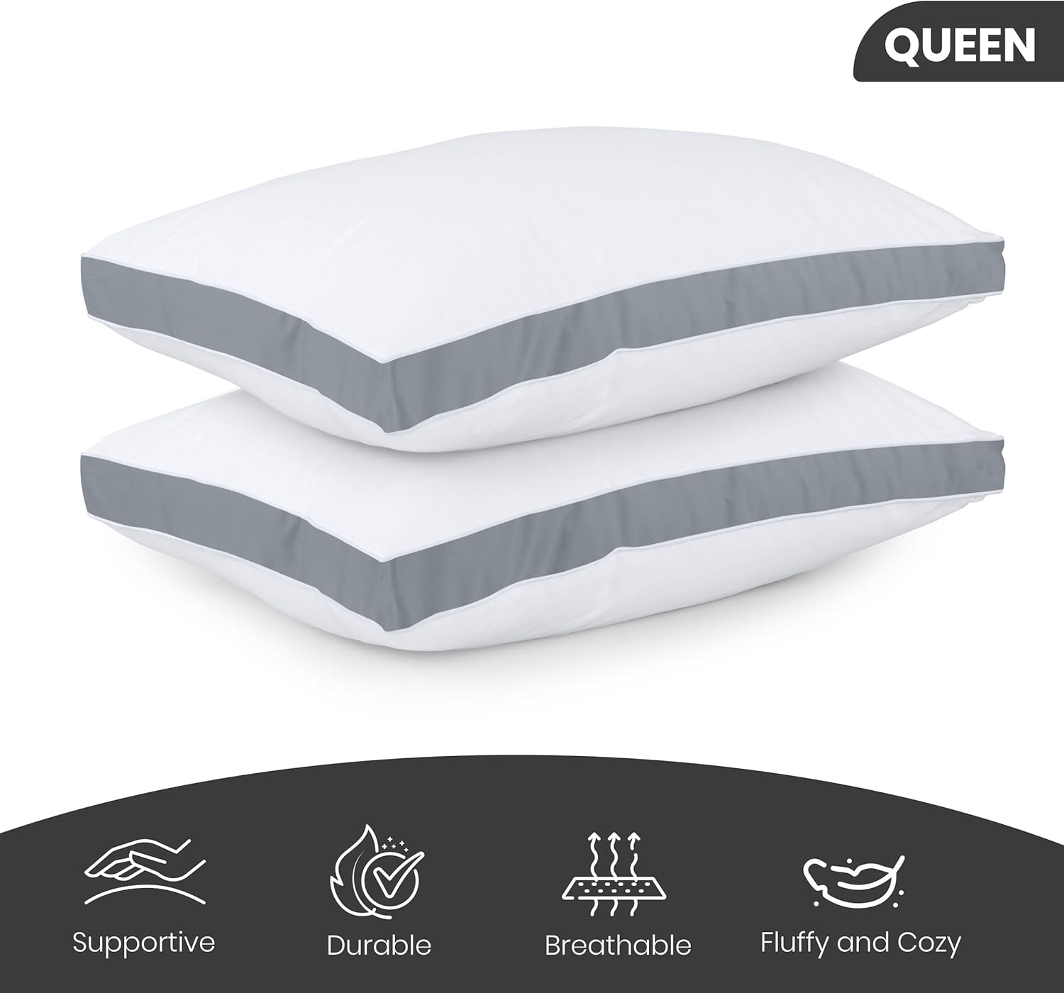 Utopia Bedding Bed Pillows - Soft & Fluffy Down Alternative | Queen Size (Grey), Set of 2, Cooling Comfort