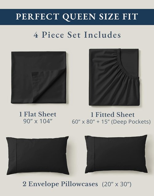 Lane Linen 100% Organic Cotton Queen Sheet Set - Naturally Cooling Percale Weave, Deep Pocket - Black