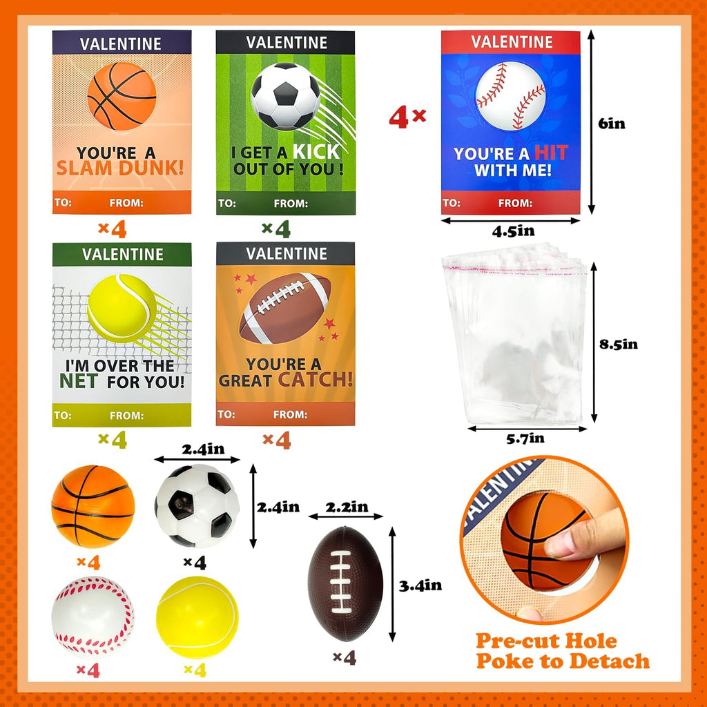 Valentine's Day Sports Gifts | 20-Pack Foam Sport Ball Toys with Exchange Cards for Kids