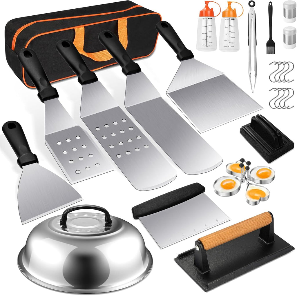 Terlulu Griddle Accessories Kit - 28 PCS Flat Top Grill Set with Spatula, Burger Press & Carry Bag