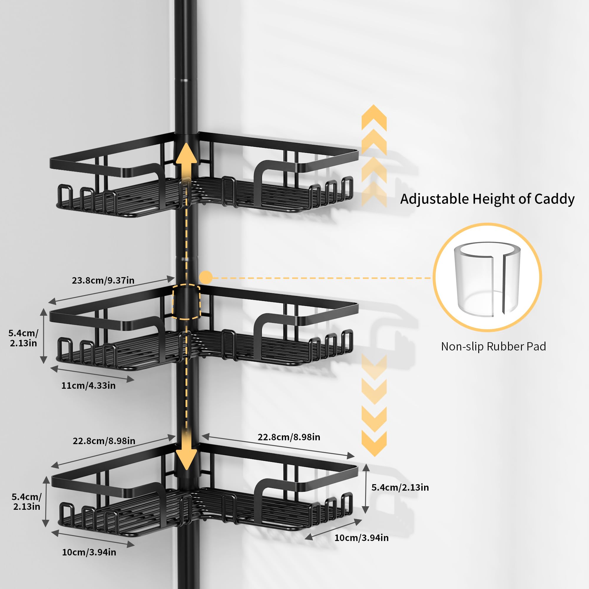 Tension Pole Shower Caddy 5x Stability, Adjustable Floor to Ceiling Shower Organizer, Standing Shower Tension Rod Shelves, 4 Tier Storage Shelves with 2 Soap Holders/Hanging or Adhesive, 25in-114in