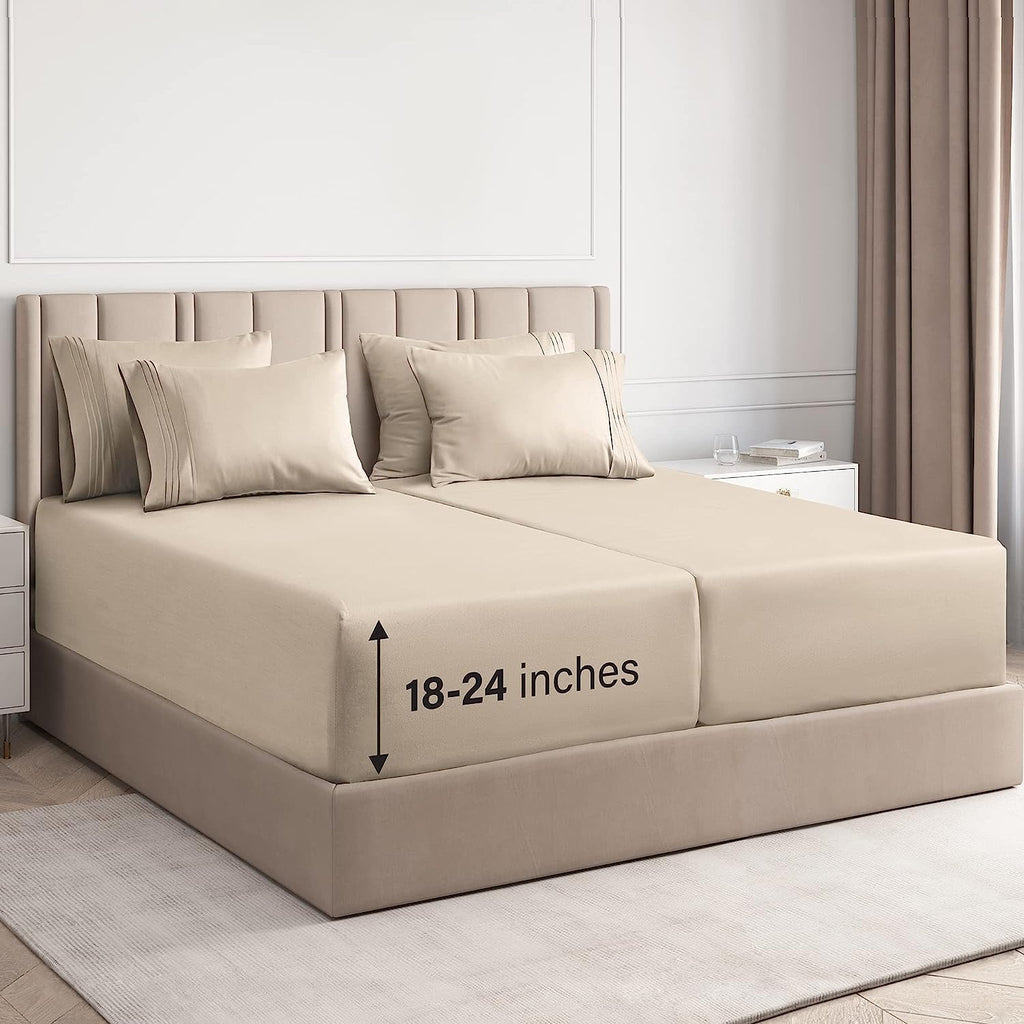 Skiennix Extra Deep Split King Sheet Set - 7 Piece Breathable Cooling Bedding - Soft Wrinkle-Free Cream