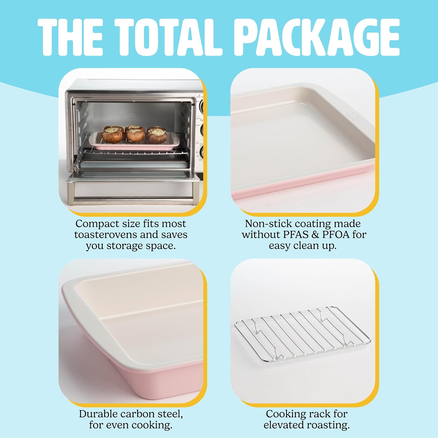 Tasty Nonstick Toaster Oven Baking Set - 3-Piece Carbon Steel Bakeware in Pink | Cake Pan, Oven Tray, Rack