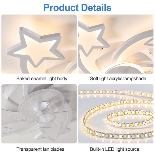 JAYMP 27.6 Inch Modern Stars Ceiling Light with Fan, 6 Speeds with 5 Blades, Remote Control Ceiling Fan White Dimmable LED Lighting Fixture for Dining Room Bedroom Small Living Room