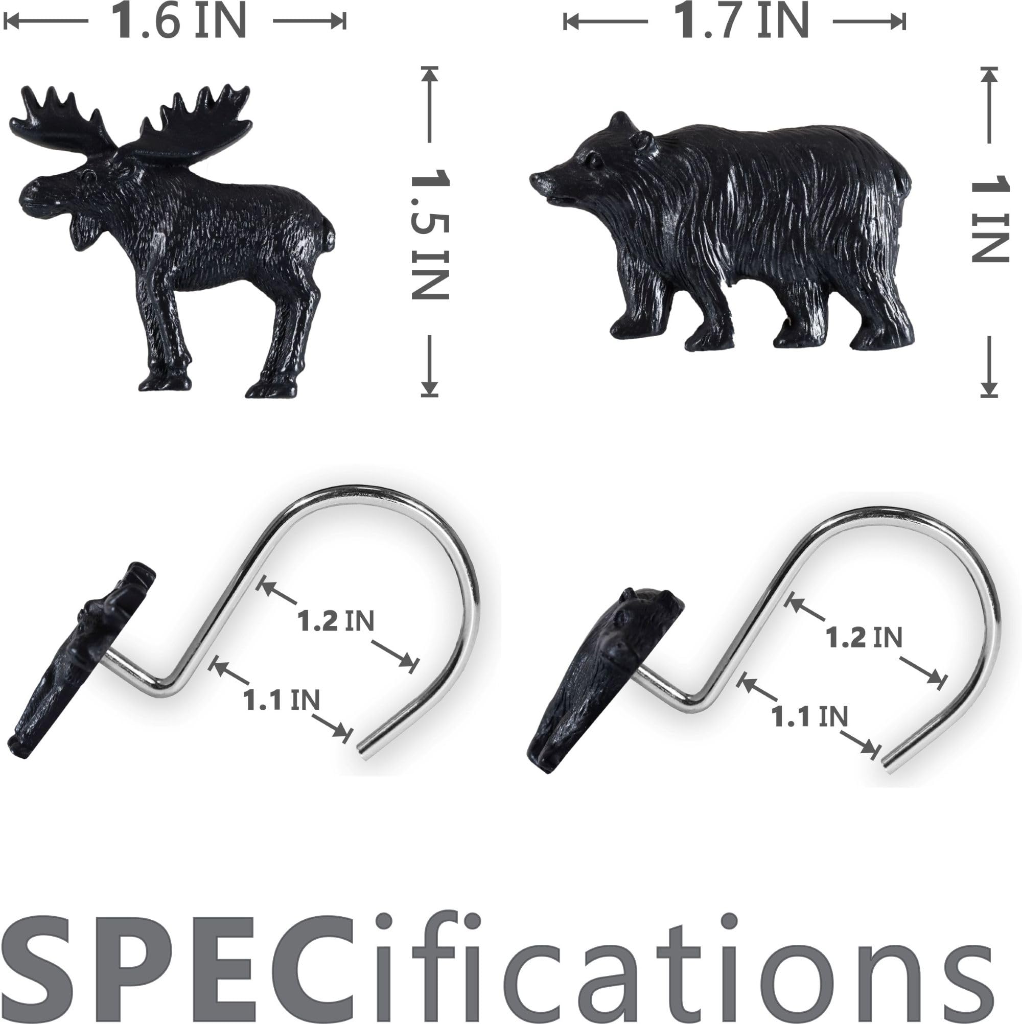 Bear & Deer Shower Curtain Hooks：12 Pcs Black Rustic Cabin & Christmas Reindeer Decorative Hooks Rustproof Stainless Steel Rings - Farmhouse Lodge Western & Woodland-Themed Bathroom Home