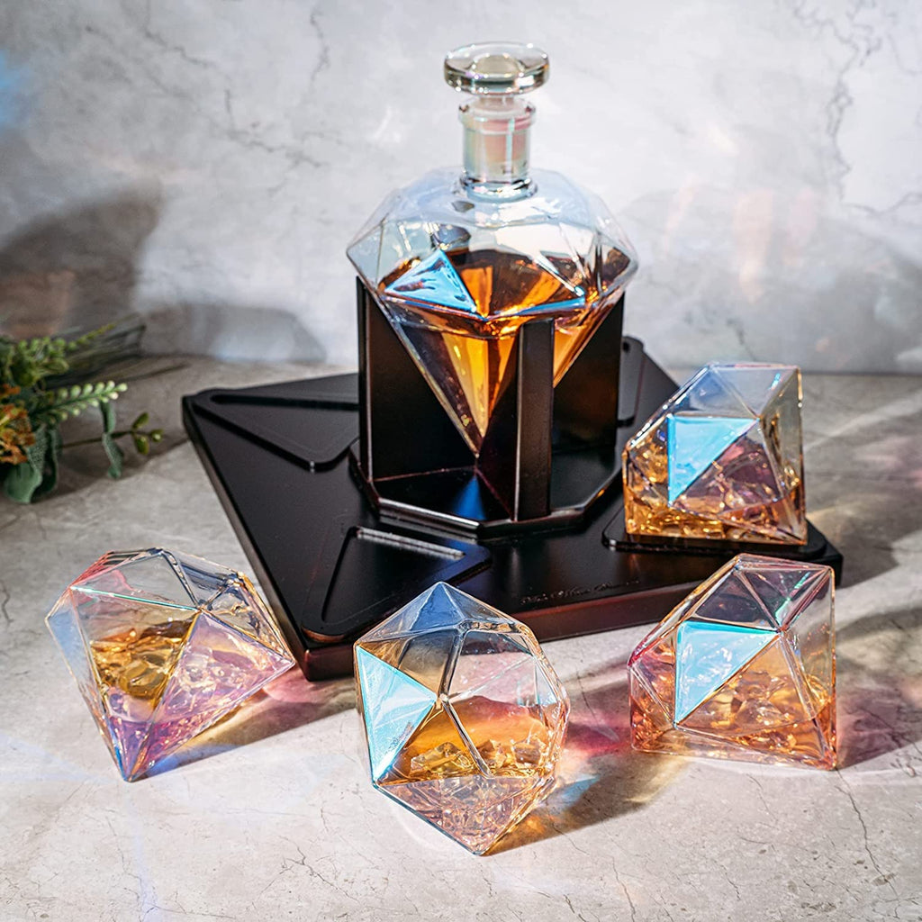 The Wine Savant Diamond Whiskey & Wine Decanter, Iridescent Set - 750ml With 4 Diamond Glasses and Beautiful Mahogany Wooden Holder Liquor, Scotch, Rum, Bourbon, Tequila Tray Whiskey Gifts for Men