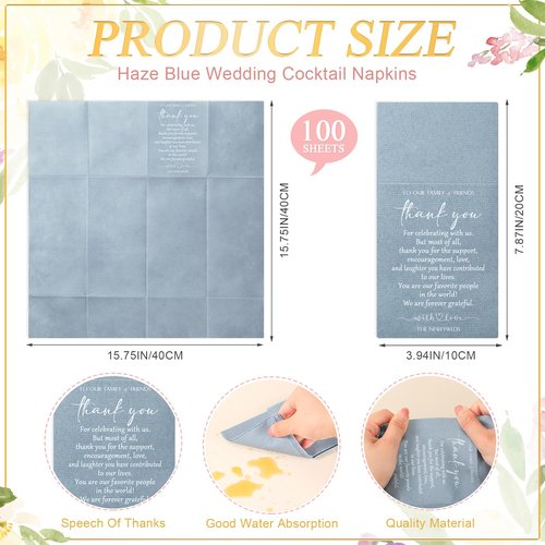 Qilery 100 Plain Thank You Wedding Napkins Cocktail Napkins Newlyweds to Family Friends Guests with Built in Flatware Pocket Tissues Bridal Shower Rehearsal Dinner Party Supply(Haze Blue)