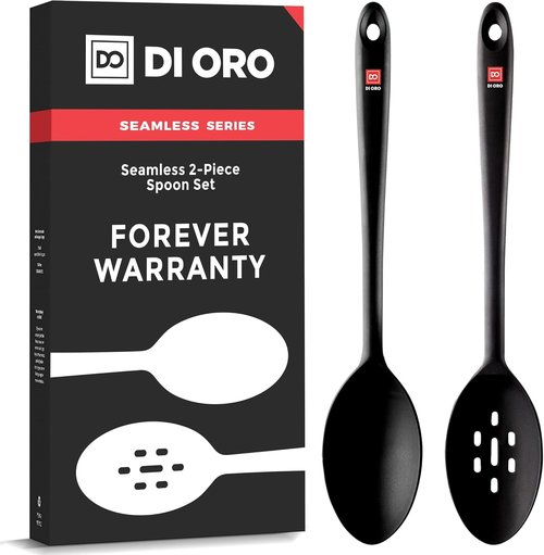 DI ORO Silicone Cooking Spoons - Heat-Resistant Utensils for Mixing & Serving - 600°F, Dishwasher Safe (2pc, Black)