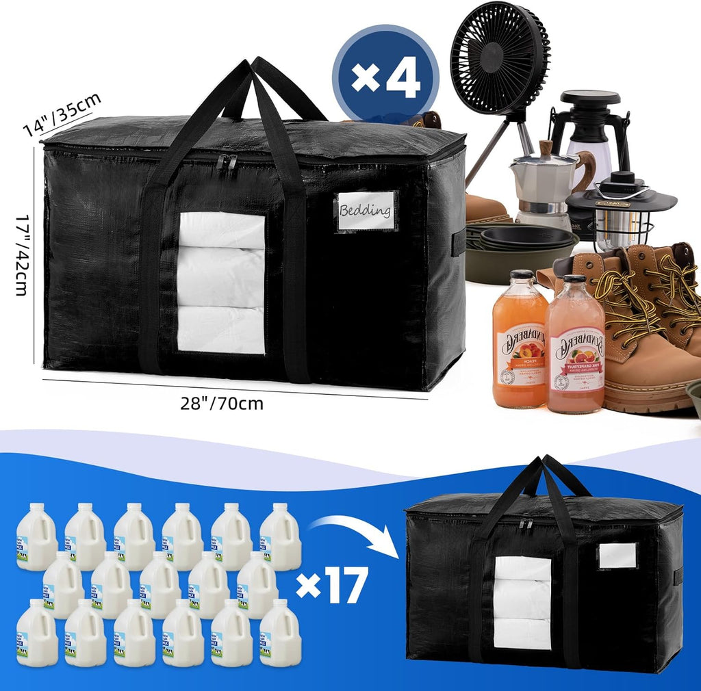 TAILI Extra Large Moving Bags - 4 Pack Heavy Duty Black Totes with Visible Window & Wrap Around Handles