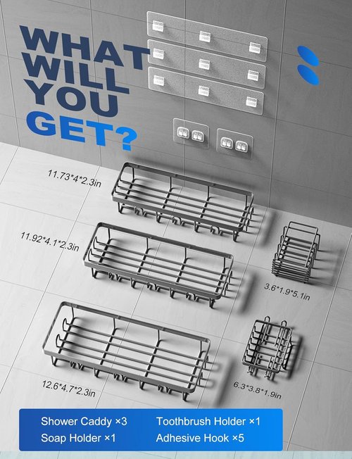 GVY Shower Caddy 5 Pack - Rustproof Adhesive Bathroom Organizer Shelves | No Drilling, Perfect for Home Decor