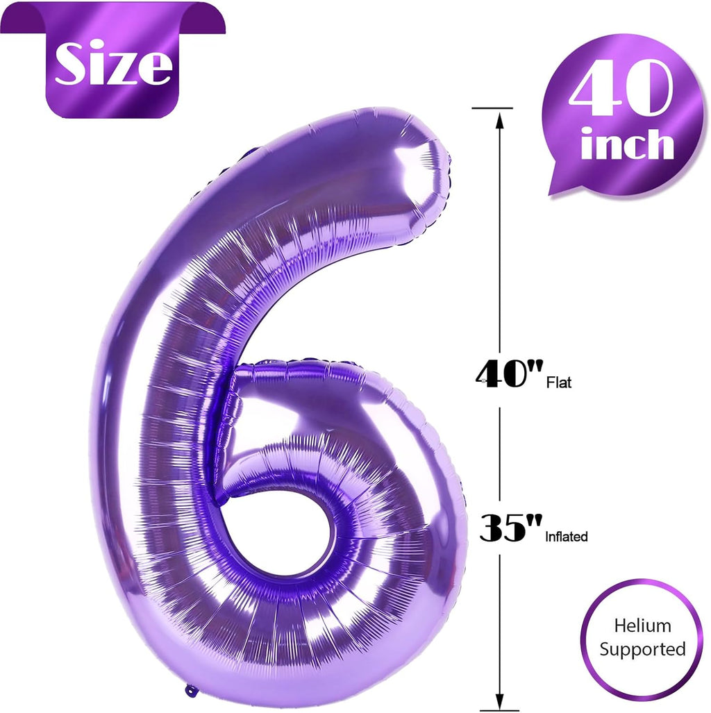 Purple Number 6 Balloon - 40 Inch Giant Foil Balloon for 6th Birthday Party Decorations
