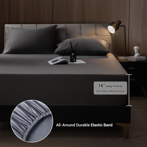 Shilucheng Queen Sheet Sets, Blend Rayon Derived from Bamboo, Breathable & Cooling Bed Sheets 4 Piece, Deep Pocket Up to 16", Hotel Silky Bedding for Hot Sleepers, Dark Grey