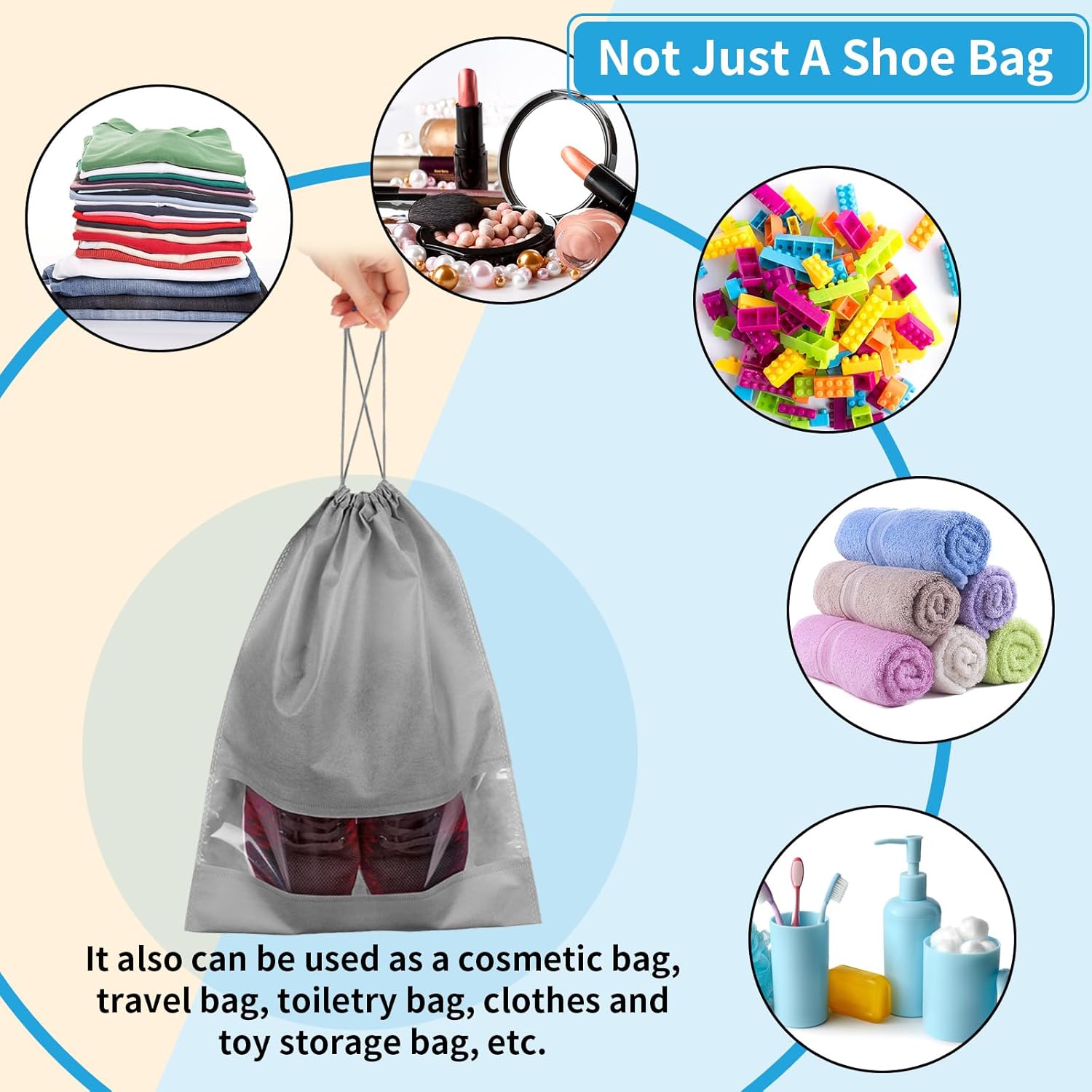 Skiennix Travel Shoe Bags - 5 Large Non-Woven Drawstring Storage Bags with Clear Window | Gray (12.6" X 17.3")