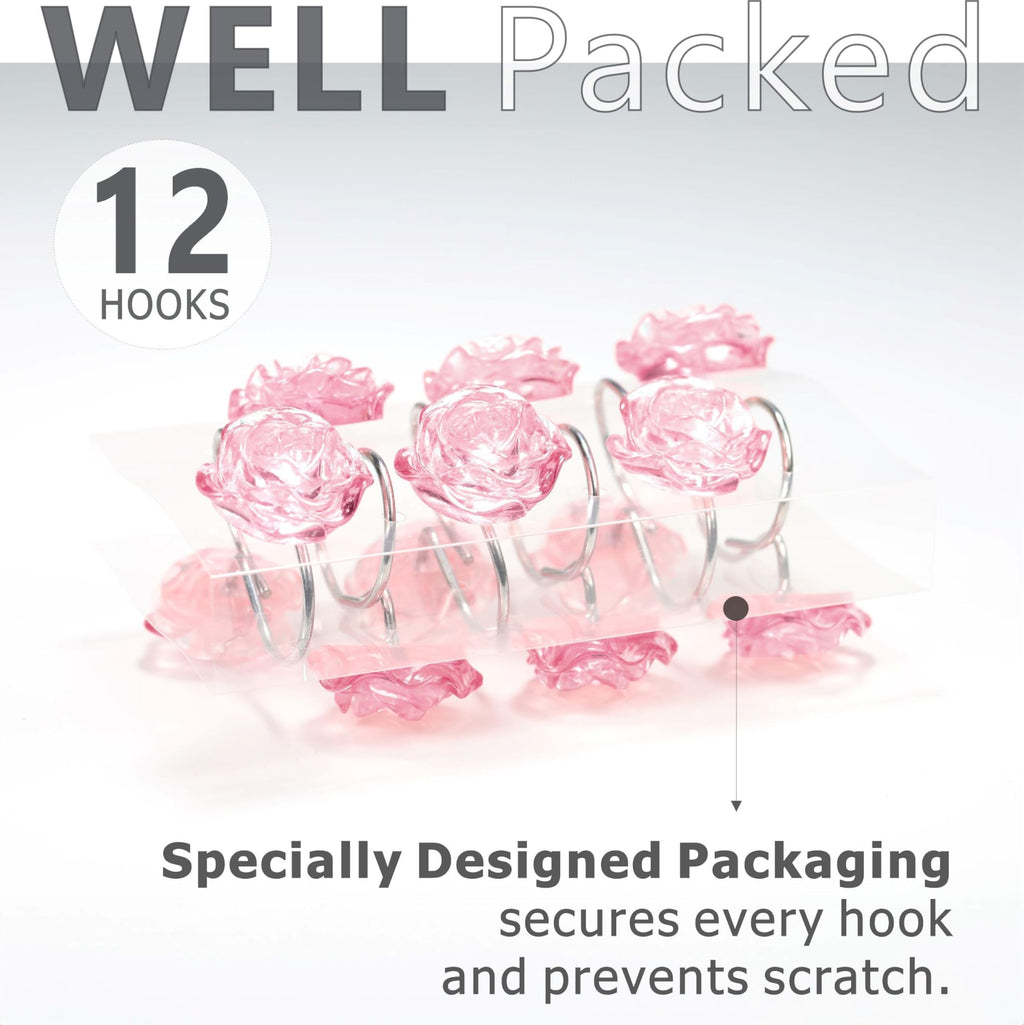 Pink Flower Shower Curtain Hooks: 12 Pcs Blush Crystal Ice Textured Decorative Rings for Floral Rose Leaf Plant Spring Shower Curtain - Cute Rustproof Hangers for Girls Bathroom & Valentines Day Decor