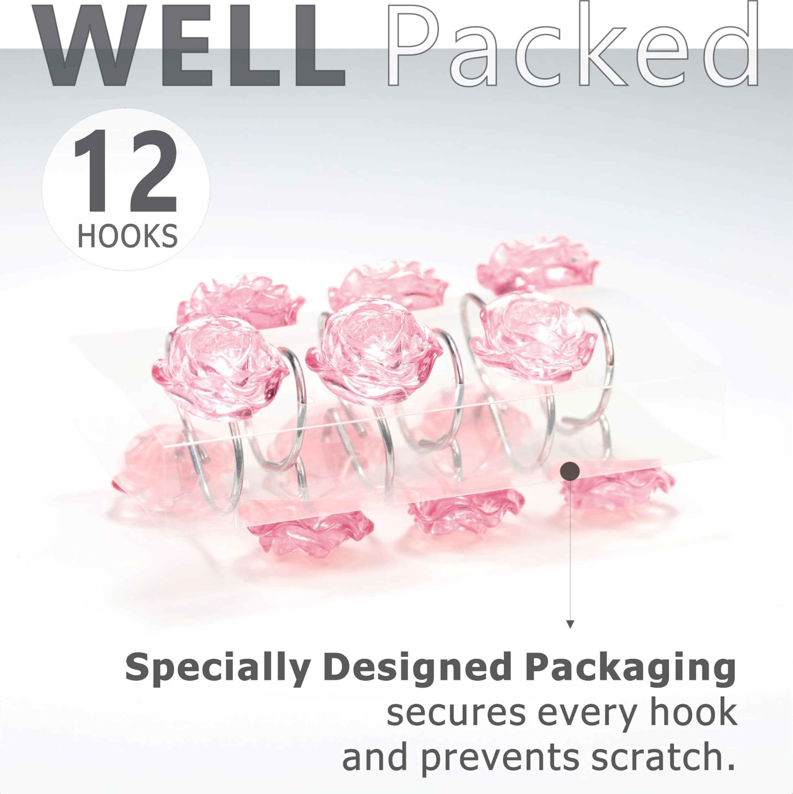 Pink Flower Shower Curtain Hooks: 12 Pcs Blush Crystal Ice Textured Decorative Rings for Floral Rose Leaf Plant Spring Shower Curtain - Cute Rustproof Hangers for Girls Bathroom & Valentines Day Decor