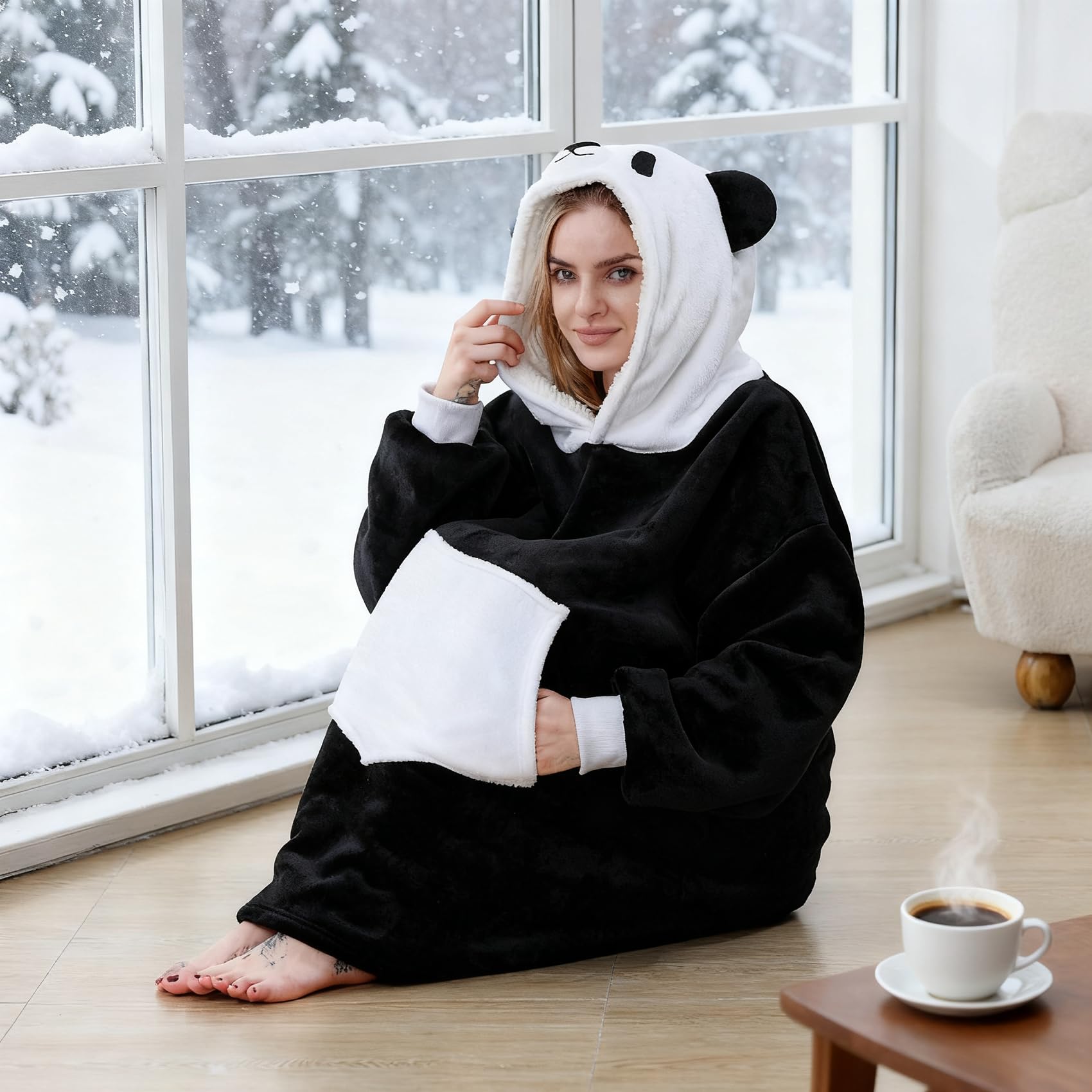 C hello cloud Oversized Hoodie Blanket, Wearable Blanket sweatshirt, Ultra Soft Sherpa Fleece Comfy Snuggle Hoodie, Comfy Snuggle Pullover for Women Men, Black White Panda