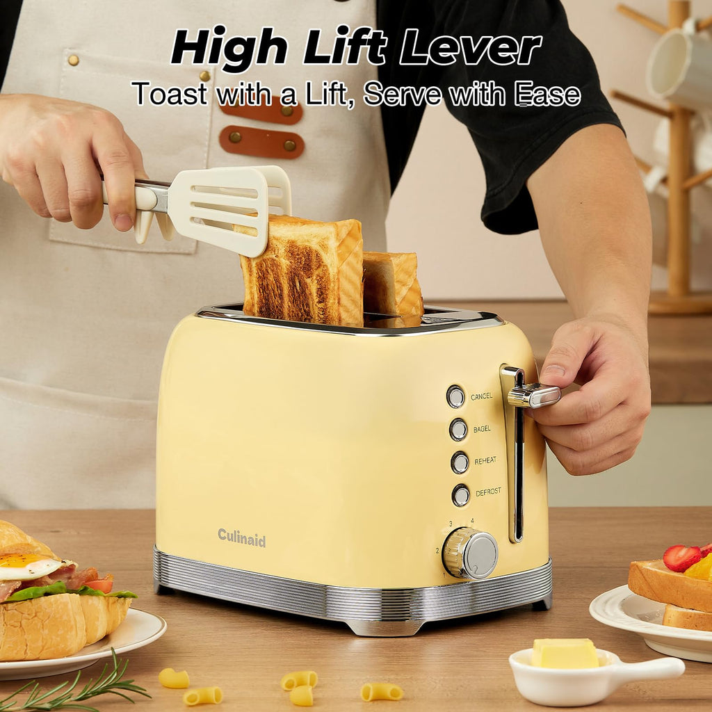 Culinaid Toaster 2 Slice Retro Stainless Steel with 1.5” Extra Wide Slots Bagel, Defrost, Reheat, Cancel Functions, 6 Bread Shade Settings, Removable Crumb Tray, Yellow