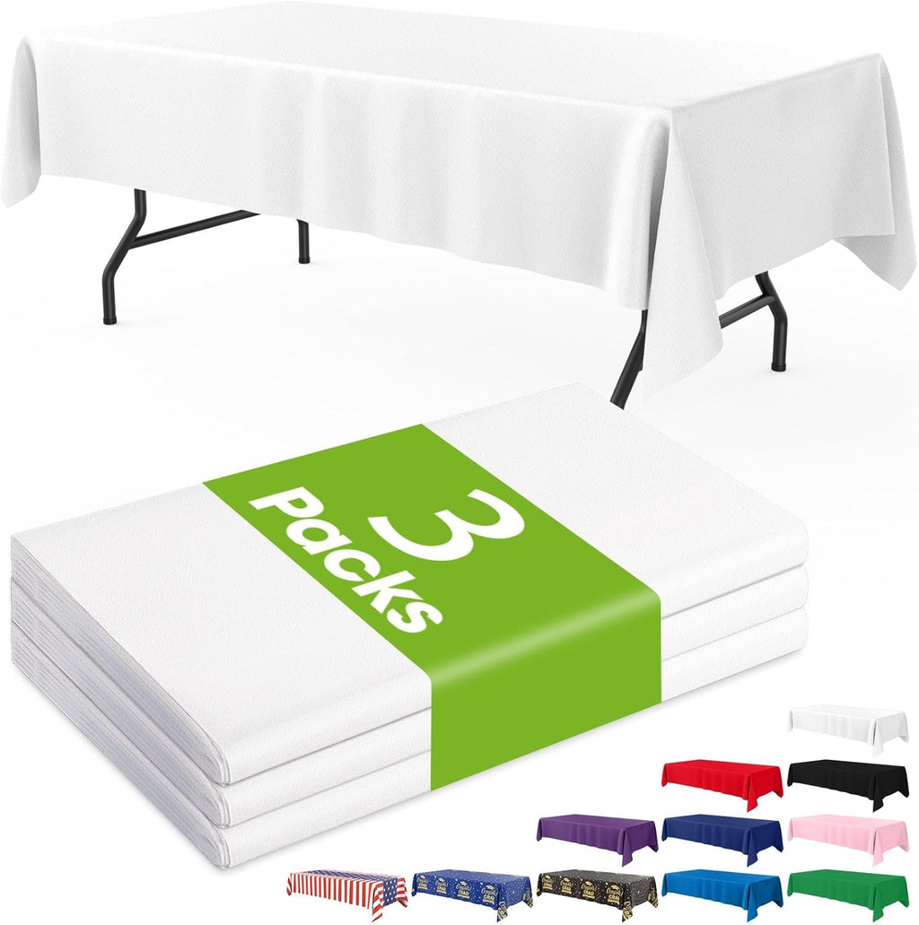 Pureegg Disposable Plastic Table Cloths - Leakproof 54x108 Inch Rectangular Covers | 3 Pack, White
