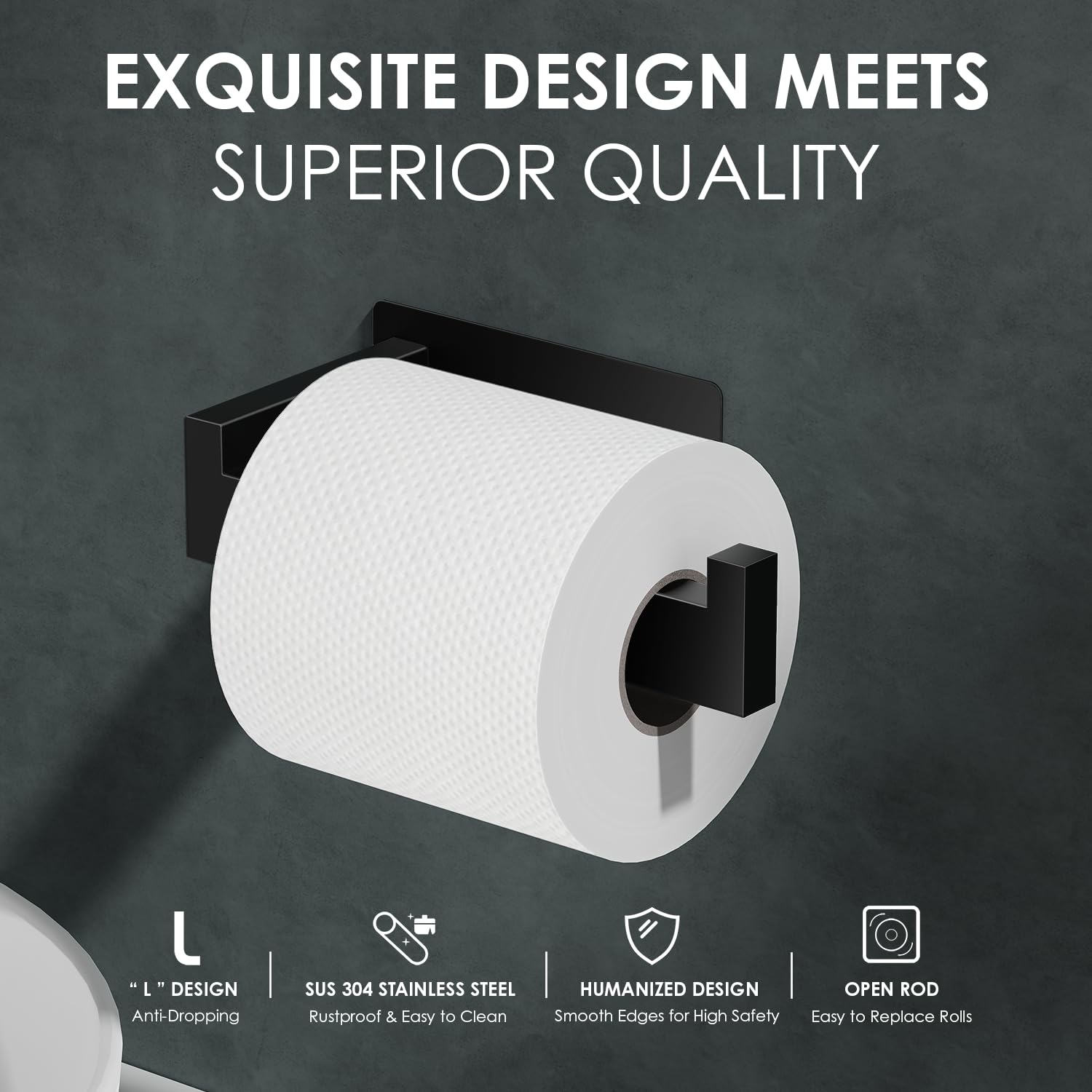 Auxmir Adhesive Toilet Paper Holder, No Drilling Toilet Roll Holder Wall Mount, Premium Thicken SUS304 Stainless Steel, Rustproof Toilet Tissue Holder for Bathroom Kitchen Washroom RV, Black(2 Pack)