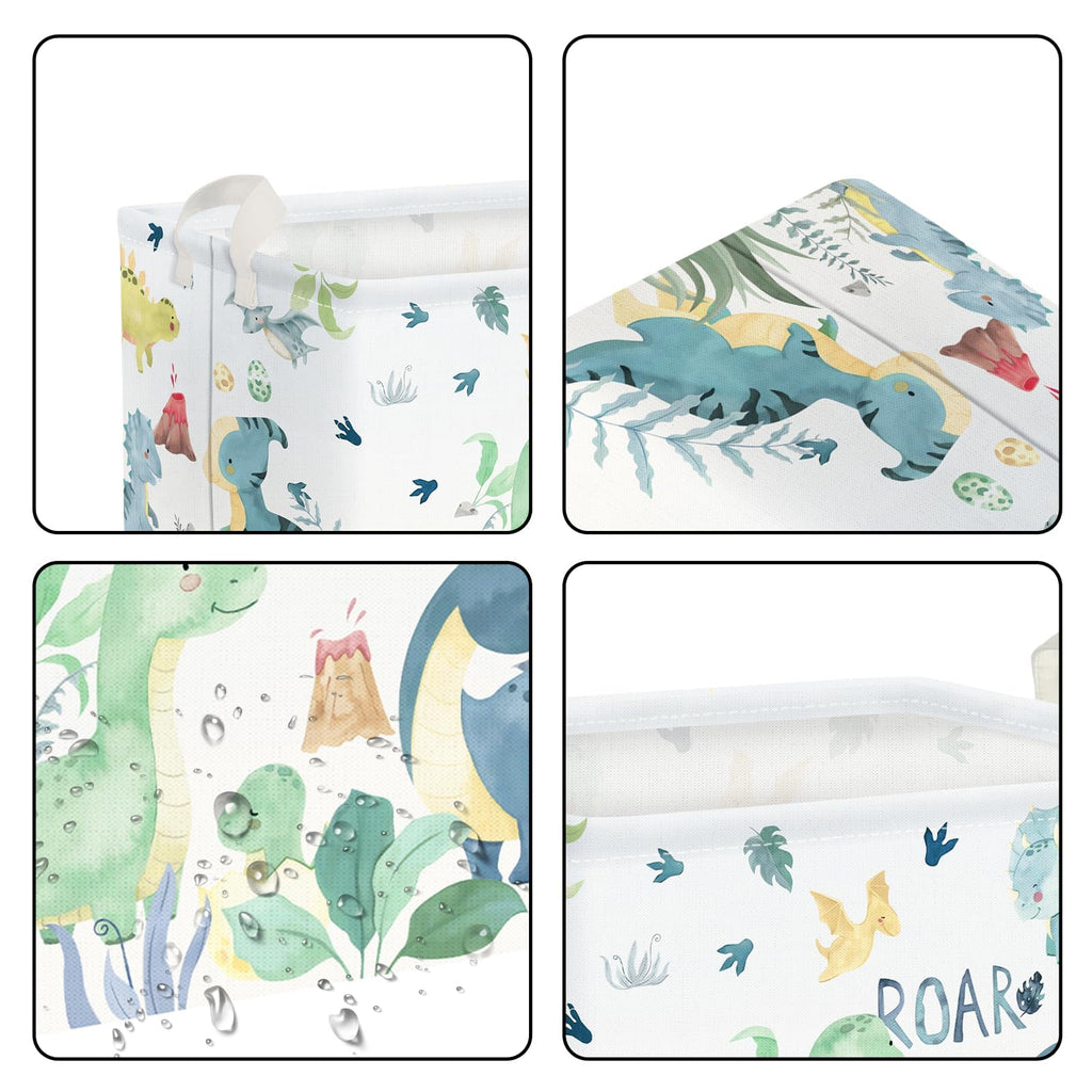 Clastyle Adorable Watercolors Green Dinosaur Shelf Basket Volcano Palm Leaf Collapsible Storage Bin Rectangle Clothes Books Toy Storage Cube, 21L