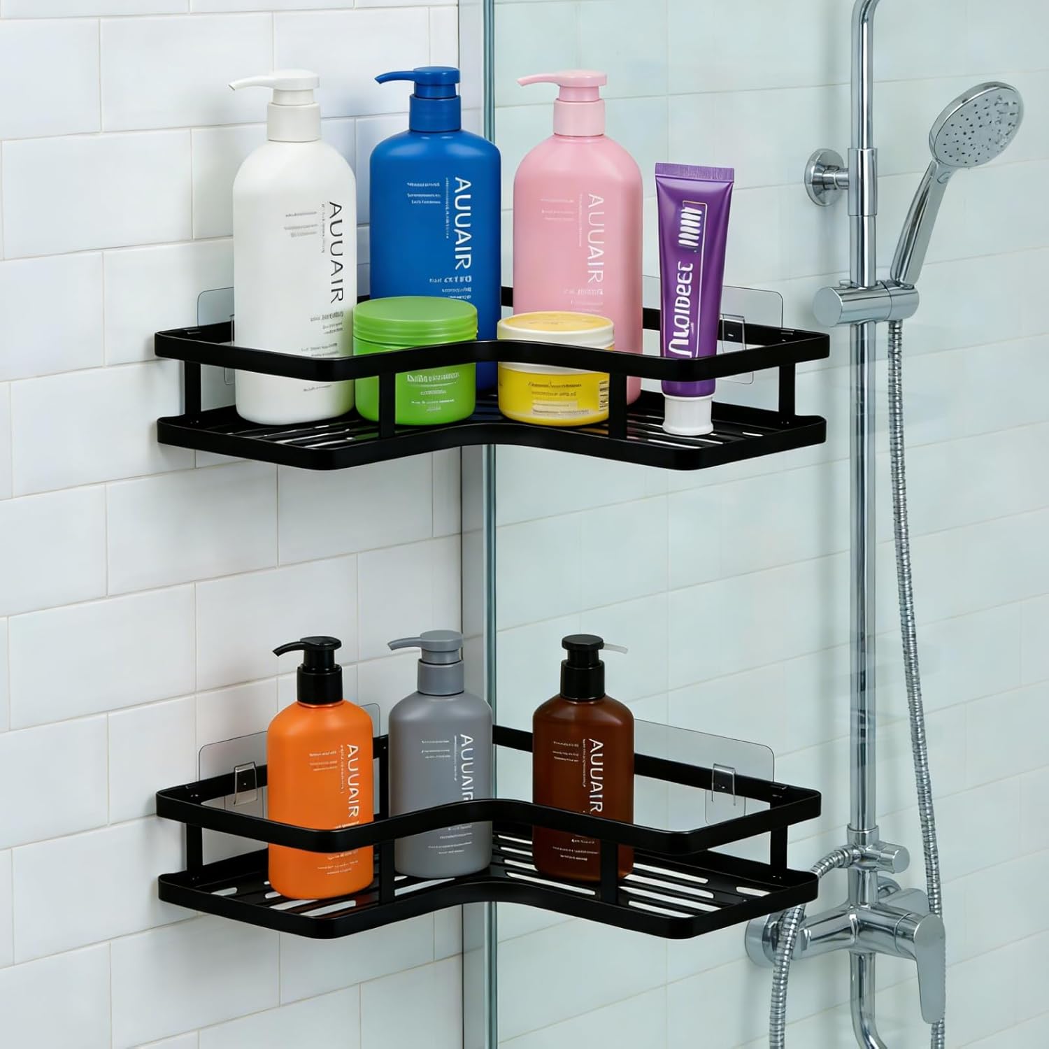 Skiennix Shower Caddy - Rustproof Bathroom Organizer with Shampoo Holder | 2 PCS Black Shelves