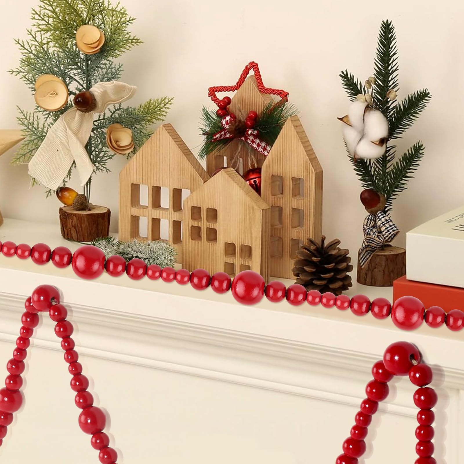 Burgundy Christmas Wood Bead Garland, 7 Feet Wood Cranberry Garland for Christmas Tree Holiday Decoration, Vintage Dark Red Beaded Garlands