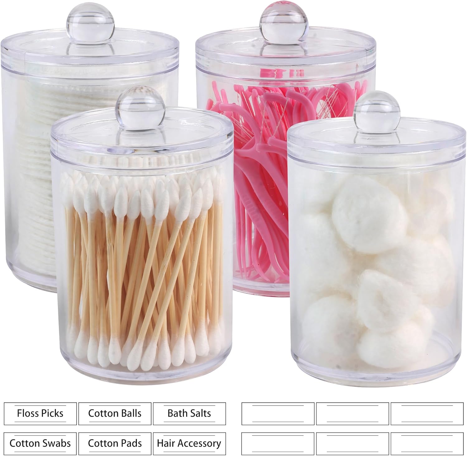 Skiennix Acrylic Qtip Holder Dispenser - 4 Pack Apothecary Jar Set for Makeup & Bathroom Storage | 10 & 12 oz