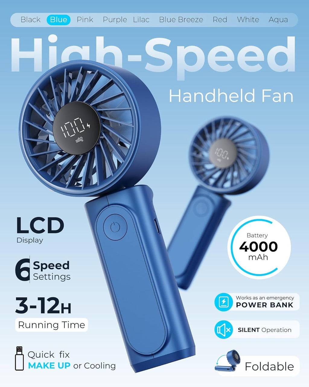 Skiennix Portable Handheld Fan - 4000mAh Rechargeable Mini Desk Fan with 6 Speeds & LCD Display | Ultra Quiet, Foldable Design
