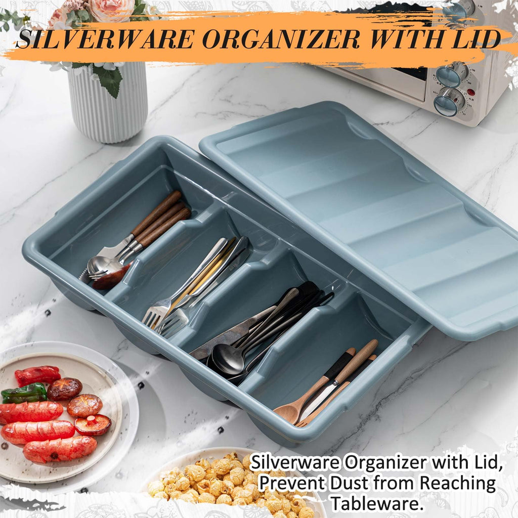 Maxdot 2 Pcs 20.5 x 11.9 x 3.7 Inch Silverware Organizer with Lid, Commercial 4-compartment Restaurant Kitchen Cutlery Tray, Plastic Silverware Storage Container, Condiments Holder (Grayish Blue)