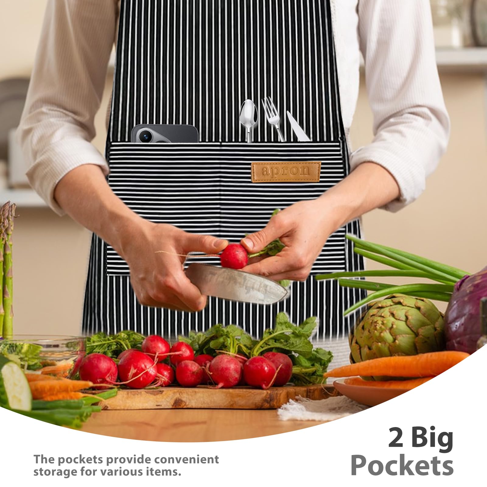 TREASO 2 Pack Aprons for Women with Pockets, Kitchen Cooking Apron for Men, Adjustable Apron Suitable for Chefs, Waiters, Baking, and Nail Technicians