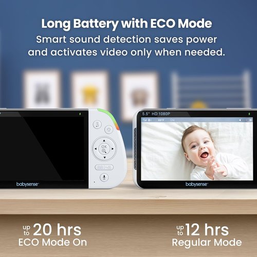 Babysense PRO Full HD Baby Monitor - 5.5" Split Screen, 2 Cameras, Night Light & 20-Hour Battery
