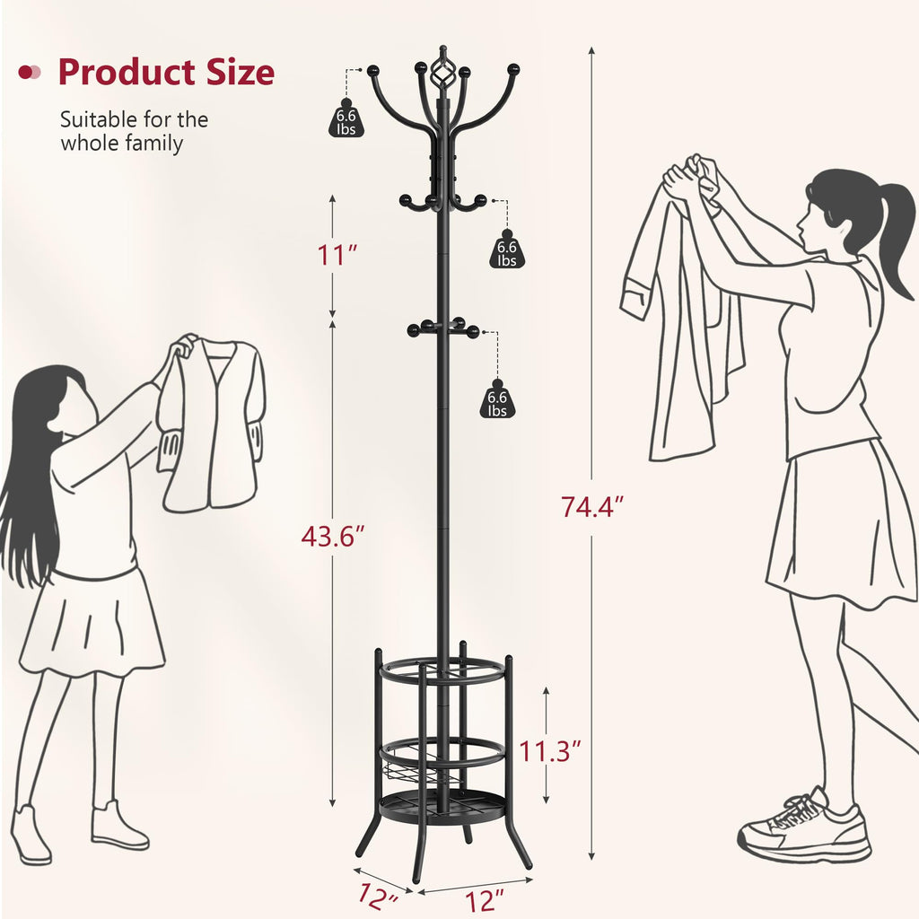 Tajsoon Coat Rack Stand with Umbrella Holder, Coat Tree Freestanding with 16 Hooks, Coat Hangers Stand for Living Room, Bedroom, Office, Black
