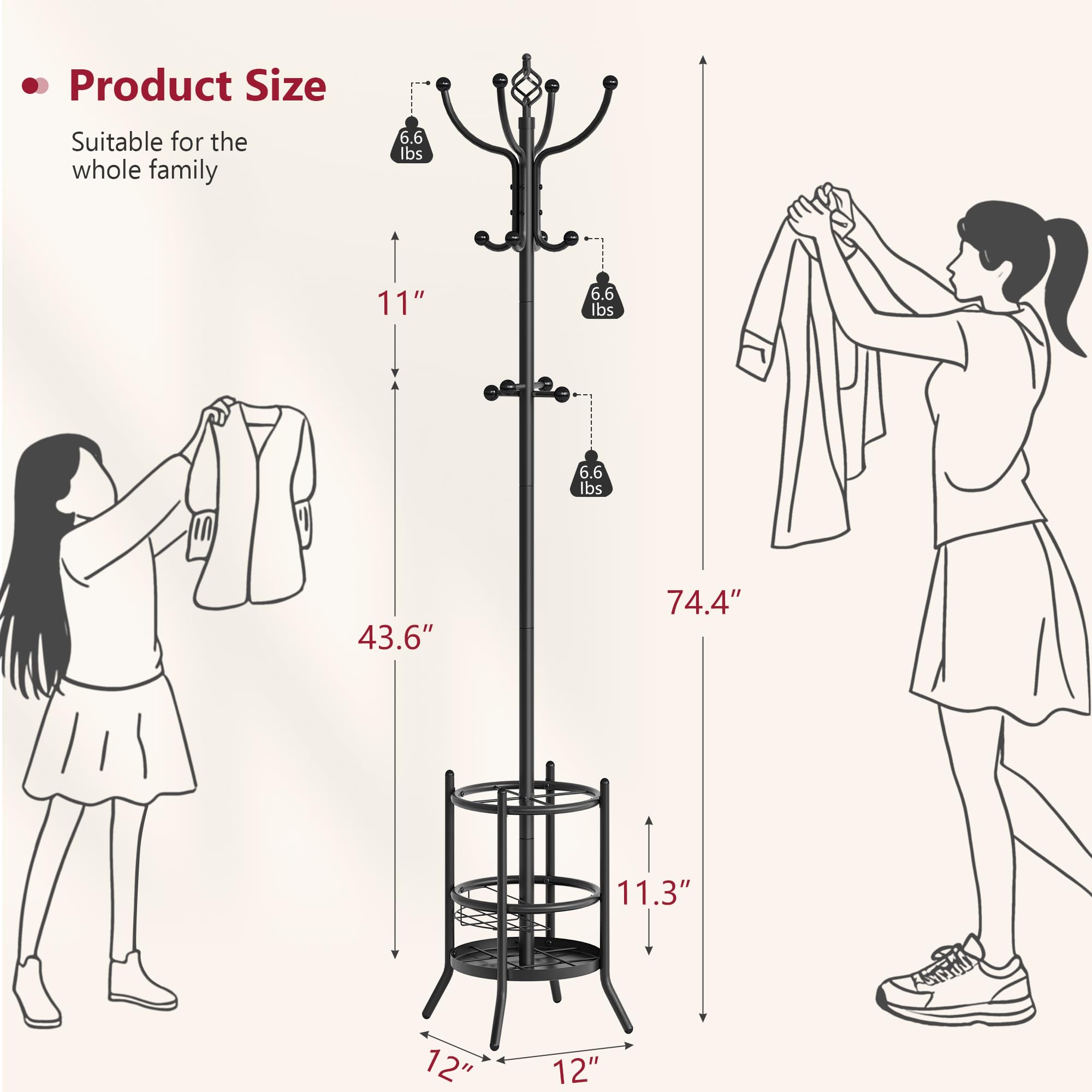 Tajsoon Coat Rack Stand with Umbrella Holder, Coat Tree Freestanding with 16 Hooks, Coat Hangers Stand for Living Room, Bedroom, Office, Black