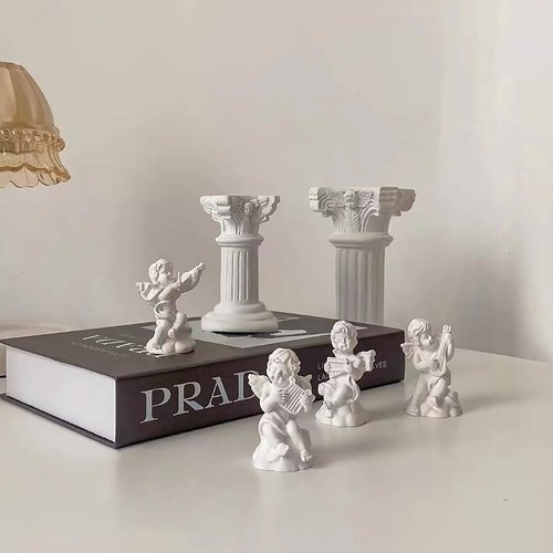 LIYAOLI Cherub Decor Set - 4 Adorable 2.7'' Angel Statues & 2 Roman Decorative Columns for Home Decor