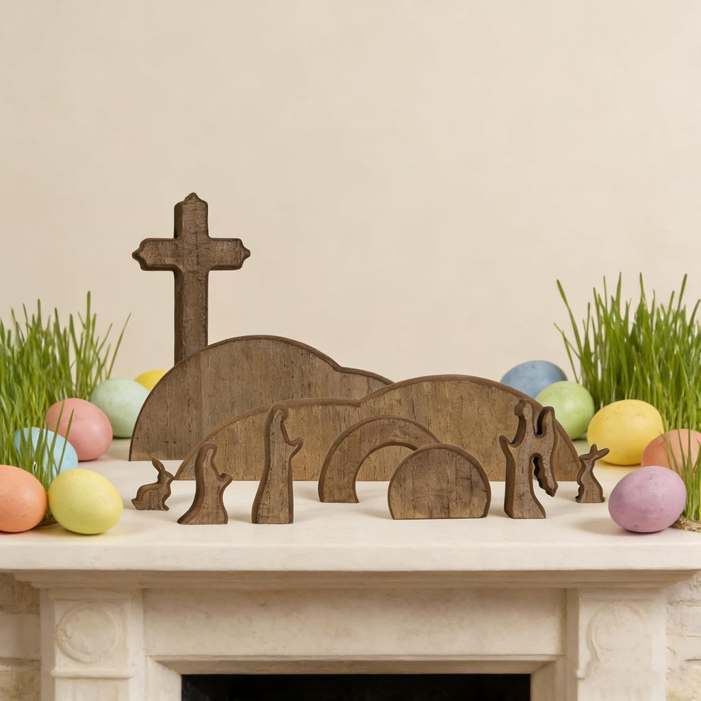 TW SHINE Wooden Easter Scene Decoration - Empty Tomb & Cross Tray Set for Home & Office