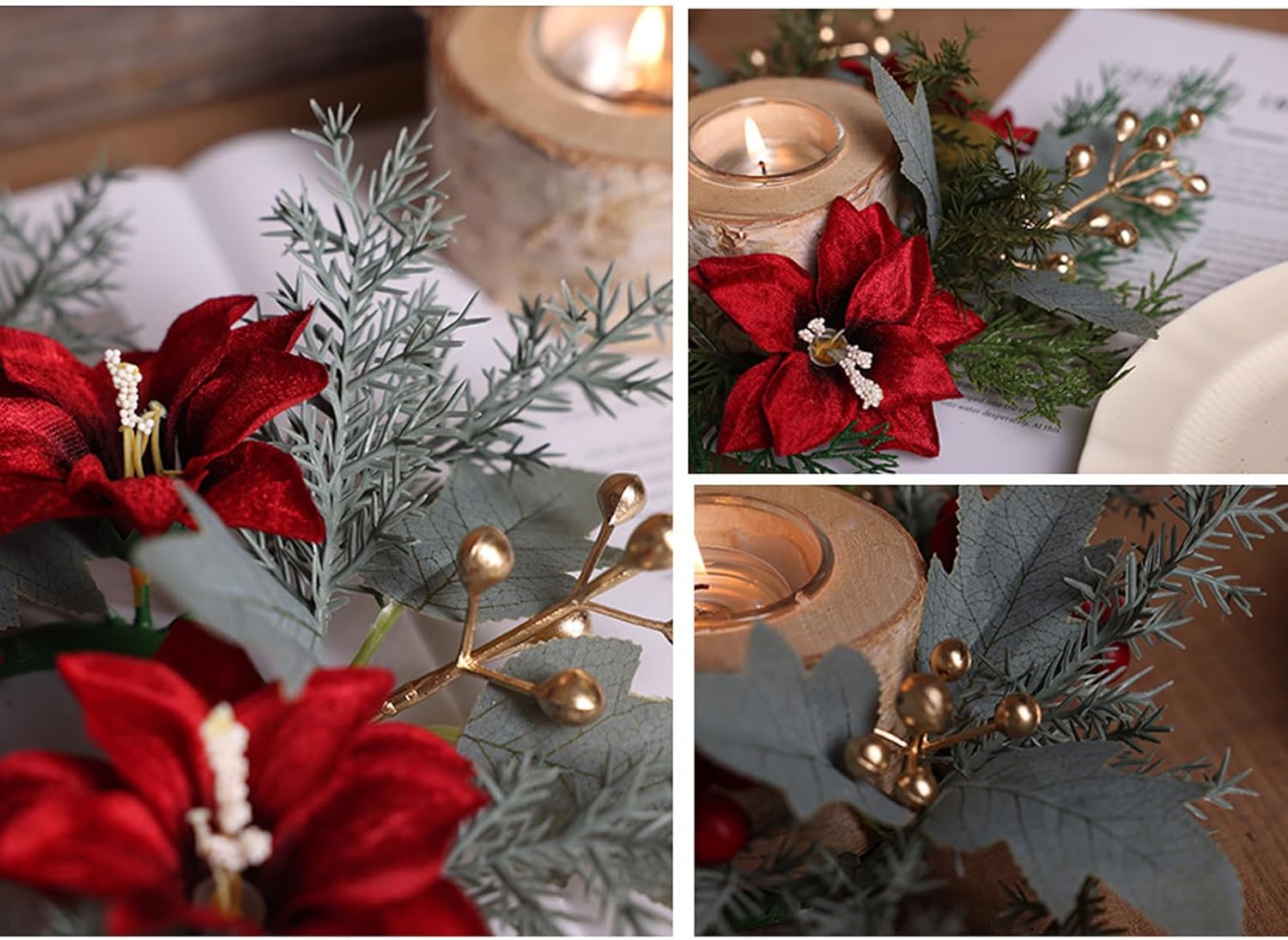 Regine Switzerland Christmas Candle Rings - Festive Pine Needles & Red Berries | Winter Table Centerpiece Decor