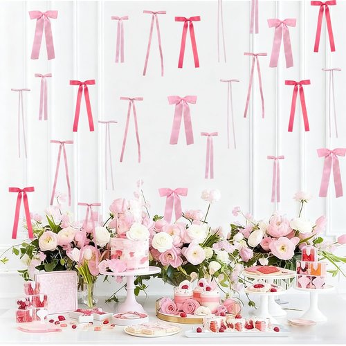 60Pcs Pink Bow Wall Decor, Ribbon Bow Garland, DIY Bow Photo Backdrop, Party Decorations for Room Decor, Birthday Parties, Baby Showers, Wedding Parties, Bachelorette Parties (60PCS)