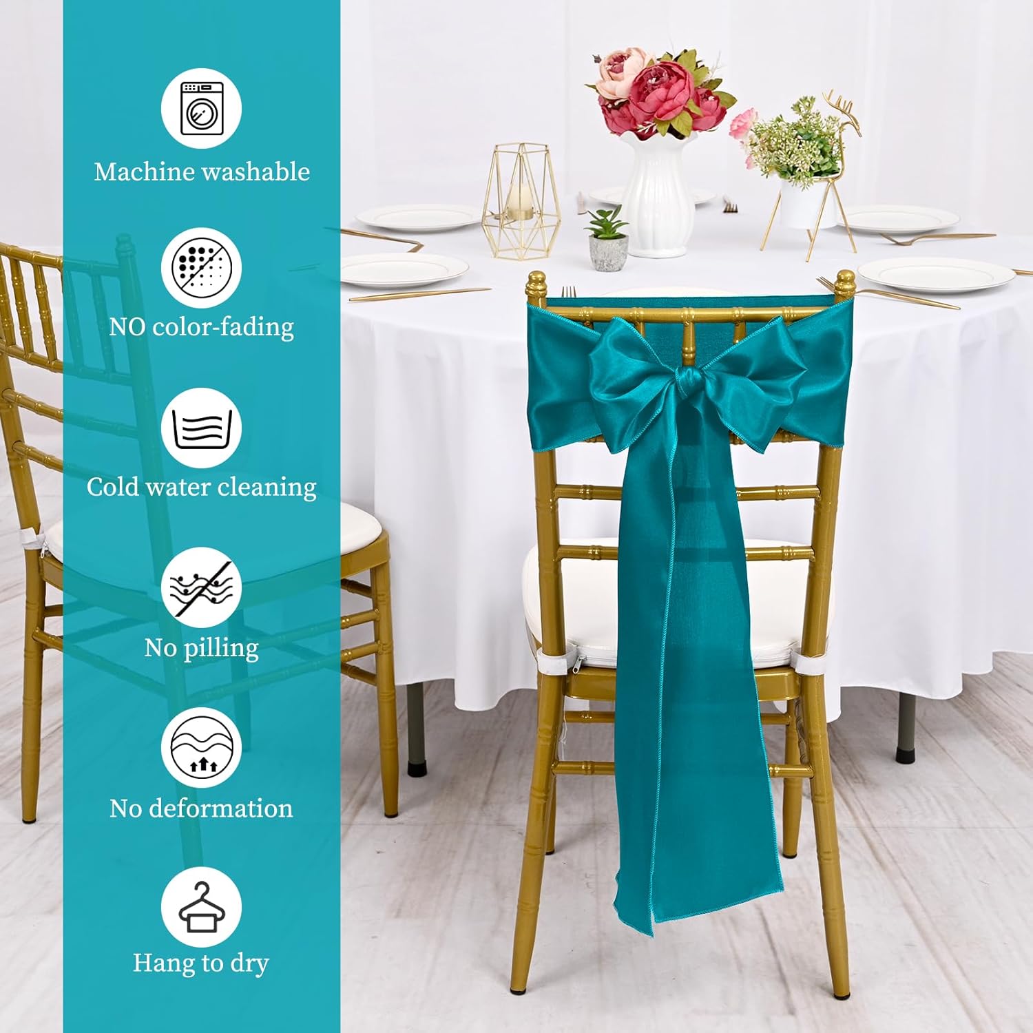 Skiennix 100 PCS Satin Chair Sashes - Turquoise Decorative Bow Ties for Weddings & Events | 7 x 108 Inch